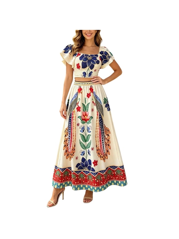 Two Piece Sets for Women Summer Floral Print Bohemia Vacation Outfits Short Sleeve Tops Maxi Skirt for Going Out Beige M
