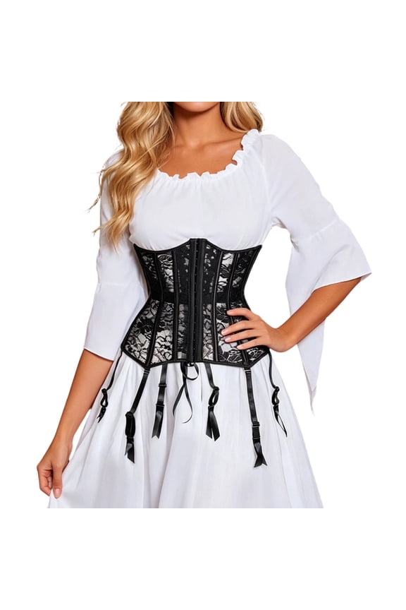 Underbust Corset Tops with Garter Belt Body Shaper for Women Floral Lace Mesh Waist Trainer Black XXL