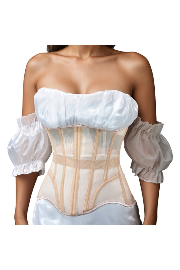 ,Underbust Corsets Belt for Women Mesh Lace-Up Boned Waist Cincher Shapewear for Weddings & Going Out Beige XS