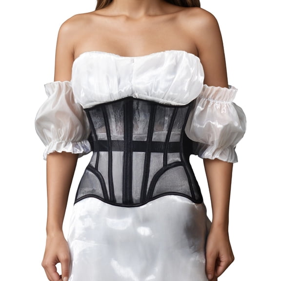 KHONTS,Underbust Corsets Belt for Women Mesh Lace-Up Boned Waist Cincher Shapewear for Weddings & Going Out Black XS