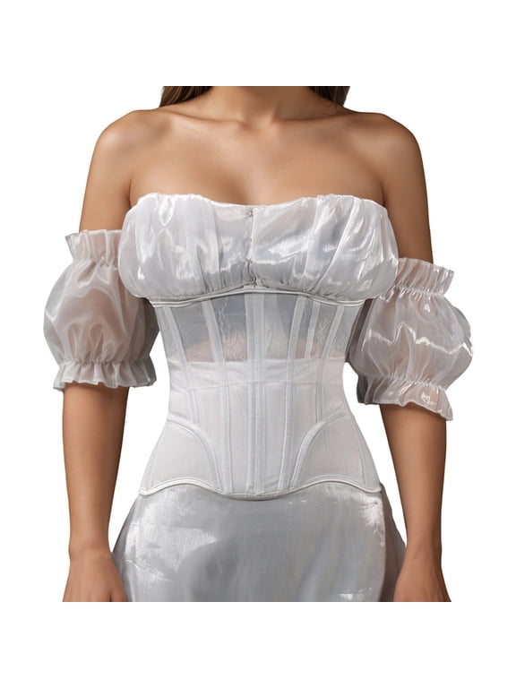 ,Underbust Corsets Belt for Women Mesh Lace-Up Boned Waist Cincher Shapewear for Weddings & Going Out White S