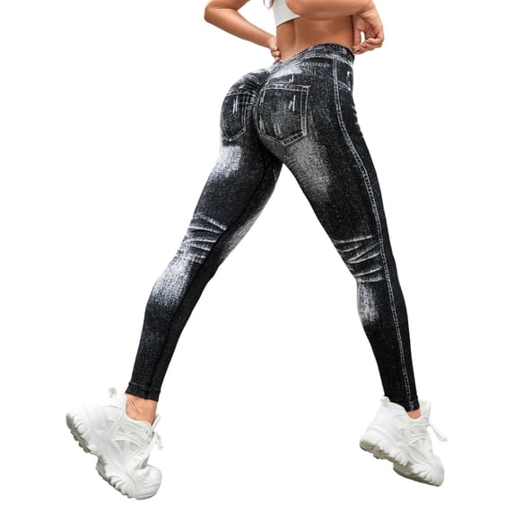 KHONTS V Back Denim Jeggings for Women Lifting Tummy Control High Waisted Yoga Pants Scrunch Workout Seamless Fitness Tights Black L