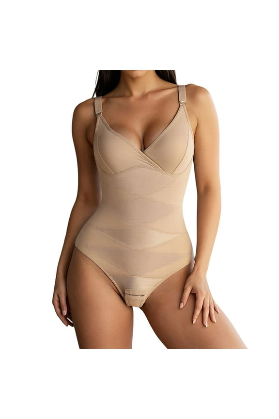 V Neck Bra Bodysuit Shapewear for Women Tummy Control Waist Trainer Full Body Shaper Lifter Briefs Jumpsuit Tops Beige XXXL