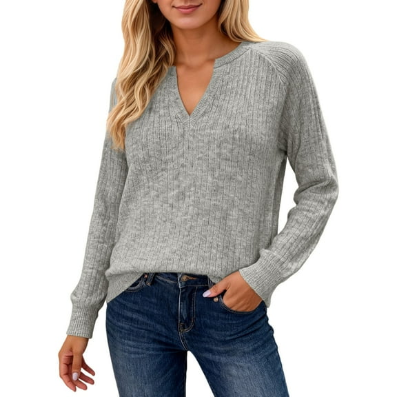KHONTS V Neck Long Sleeve T Shirts for Women Casual Fall Tops Lightweight Tunic Sweaters Fashion Clothes Loose Fit 2025 Grey XL