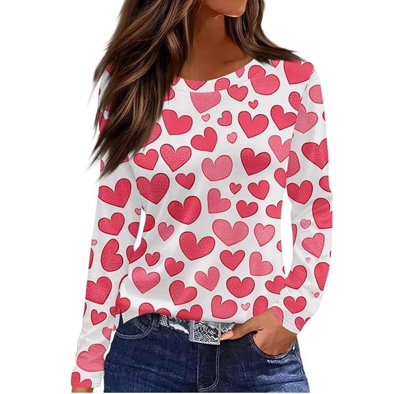 KHONTS Valentine T Shirts for Women Long Sleeve Crew Neck Holiday Tops Tunic Loose Fit Blouses 02-White M