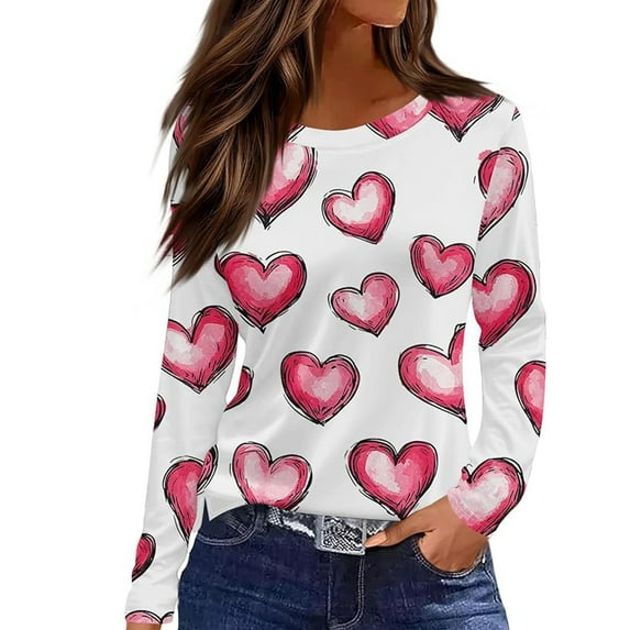 KHONTS Valentine T Shirts for Women Long Sleeve Crew Neck Holiday Tops Tunic Loose Fit Blouses 04-White XL