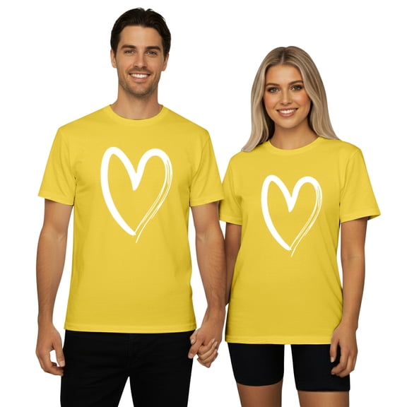 KHONTS Valentine's Day Sweat Heart T Shirts for Couple Women and Men Crew Neck Short Sleeve T Shirt Fashion Casual Tees Yellow XL