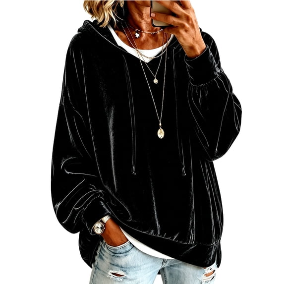 KHONTS Velvet Hoodies for Women Long Sleeve Solid Color Hooded Sweatshirts Fall Winter Loose Fit Stylish Pullover Tops Black M