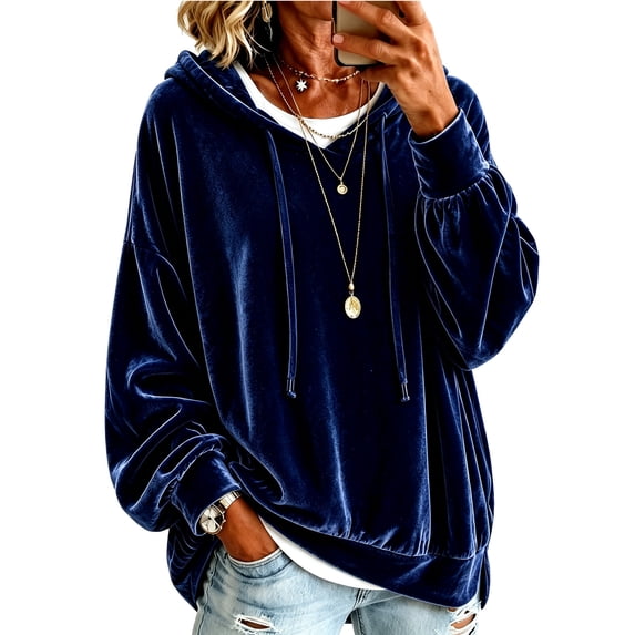 KHONTS Velvet Hoodies for Women Long Sleeve Solid Color Hooded Sweatshirts Fall Winter Loose Fit Stylish Pullover Tops Navy XL