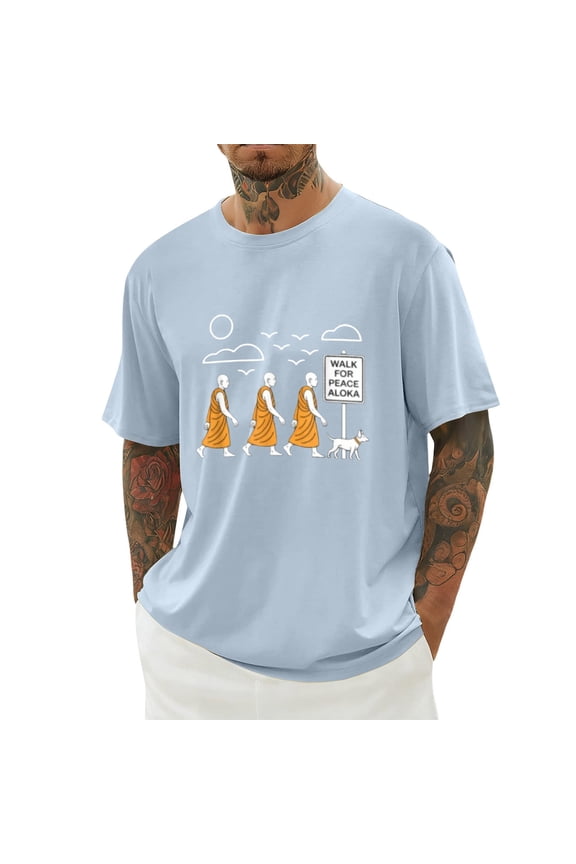 Walk for Peace Monks Journey T-Shirt for Men White Short Sleeve Tshirts Crew Neck Loose Fit Oversize Big and Tall Tops Light Blue XL