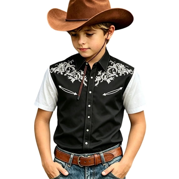KHONTS Western Cowboy Shirts for Boys Kids Collared Button down Short Sleeve Tops Summer Vacation Tees,Size 6-15 Years Black XS