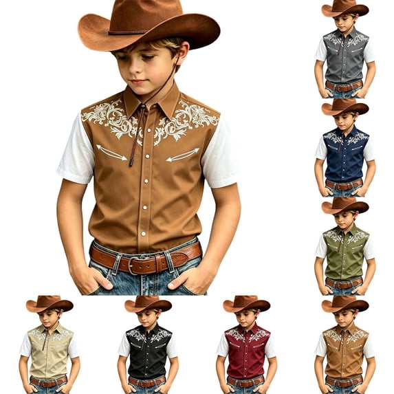 KHONTS Western Cowboy Shirts for Boys Kids Collared Button down Short Sleeve Tops Summer Vacation Tees,Size 6-15 Years Wine XS