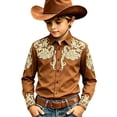 thumbnail image 1 of KHONTS Western Cowboys Graphic Printed Shirts for Kids Boys Long Sleeve Button down Stylish Tops,Size 4-13 Years Brown 170, 1 of 4