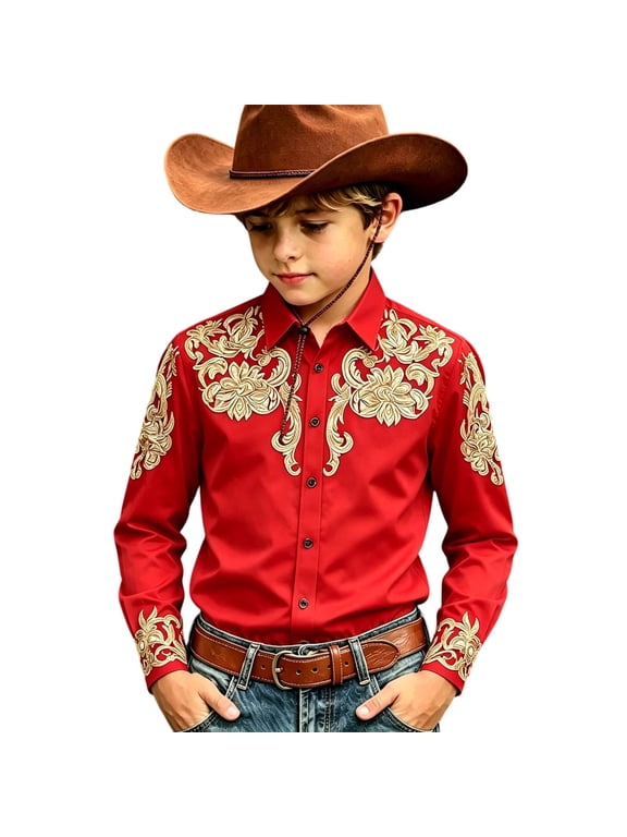 Western Cowboys Graphic Printed Shirts for Kids Boys Long Sleeve Button down Stylish Tops,Size 4-13 Years Red 130