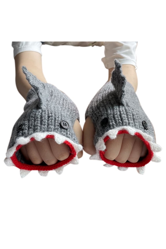 Winter Fingerless Gloves for Women Men Cute Shark Design Half Finger Gloves Warm Stretch Knitted Gloves GY1 One Size