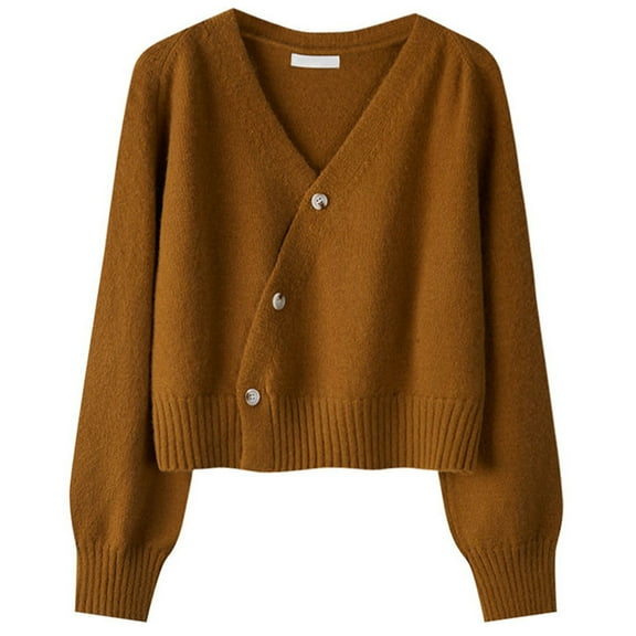 KHONTS Winter Skew Button Cardigan for Women Long Sleeve V-Neck Sweater Knitted Tops Loose Solid Sweatshirts Yellow One Size