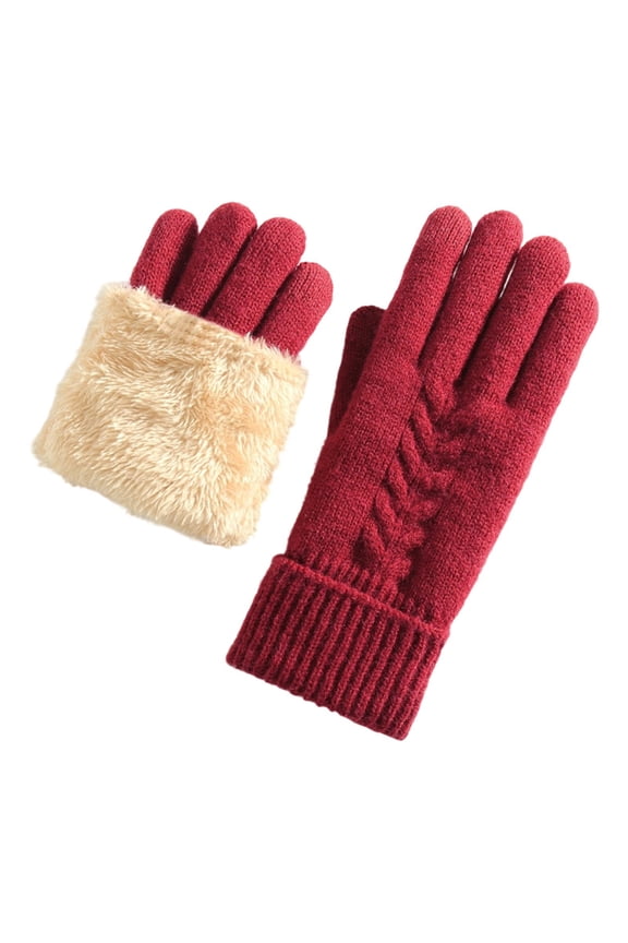 Winter Warm Lined Gloves for Women Thermal Wool Cable Knit Gloves for Cold Weather Touchscreen Fingers Folding Red One Size