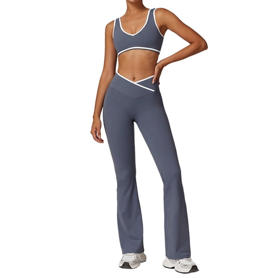 KHONTS Women 2 Piece Workout Yoga Sets Color Block Sports Bra High Waist Flared Leggings Gym Yoga Pilates Outfits Dark Gray S