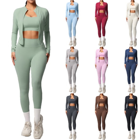 KHONTS Women 3 Piece Workout Sets High Waist Seamless Leggings Crop Tops Jacket Gym Yoga Outfit Stretchy Sports Bra Set White XL