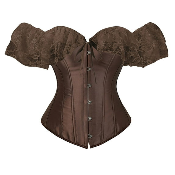 KHONTS Women Corset Tops Floral Lace Off Shoulder Bustier Lingerie Waist Cincher Costume Tops Plus Size Boned Overbust Corset Bodyshaper Brown XL