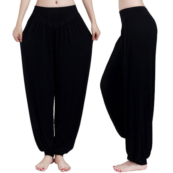 KHONTS Women Elastic Soft Yoga Pants Dance Trousers Casual Pant Boho Plus Size Beach Pants Black L