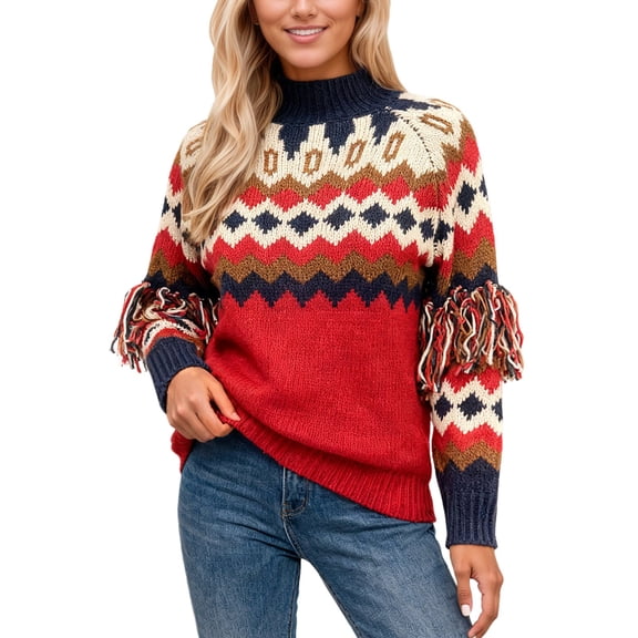 KHONTS Women Fall Winter Warm Long Sleeve Sweater Vintage Knit Sweaters Boho Tassle Jumper Pullover Red L