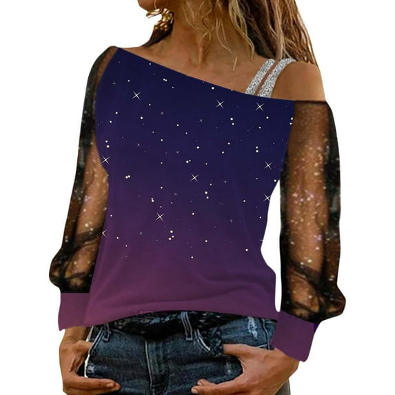 KHONTS Women Gradient Color Mesh Long Sleeve Cold Shoulder Loose Splice Blouse Tops Printed Blouse for Dailywear Dark Purple XL