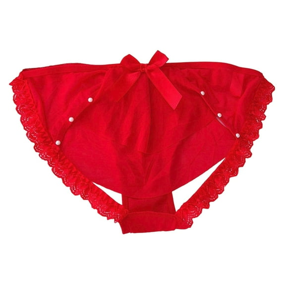 KHONTS Women Pearl Lace Bowknot Beads Panties Thong Lingerie Underwear Red One Size