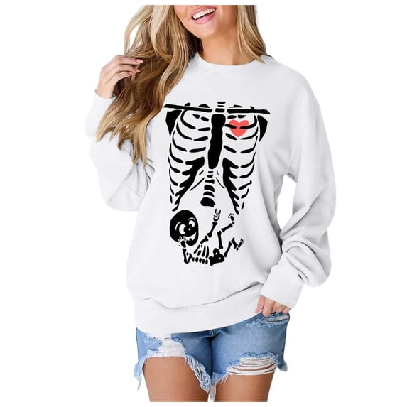 KHONTS Women Skeleton Sweatshirt Halloween Maternity Sweatshirts Crewneck Pullover Tops Pregnancy Announcement Tee Tops White XL