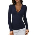 thumbnail image 1 of KHONTS Women's 2025 Fall Long Sleeve Henley T Shirts Button Ribbed Knit Slim Fit Basic Tops Blouse Casual Outfits Navy L, 1 of 7