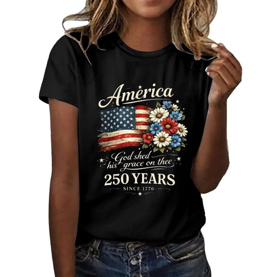 KHONTS Women's 250 Anniversary USA Shirt Patriotic America Graphic Casual Shirt 250 Years USA Flag Short Sleeve T-Shirt Black XXXL