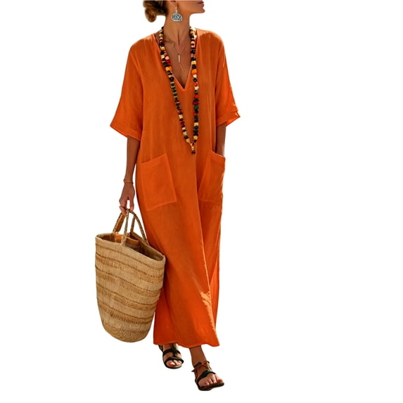 KHONTS Women's 3/4 Sleeve Summer Maxi Dress Plus Size Casual Linen Flowy Beach V-Neck Dress with Pockets Orange M