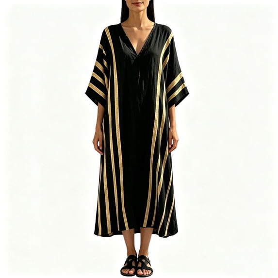KHONTS Women's 3/4 Sleeve V-Neck Strip Oversize Linen Maxi Dress Plus Size Loose Long Dresses 01-Black XXXXL