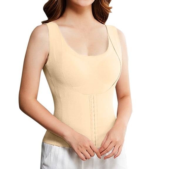 KHONTS Women's 4-In-1 Posture Corrector Waist Buttoned Bra Shapewear Waist Trainer Bras Tummy Control Breathable Compression Tank Top Beige XL