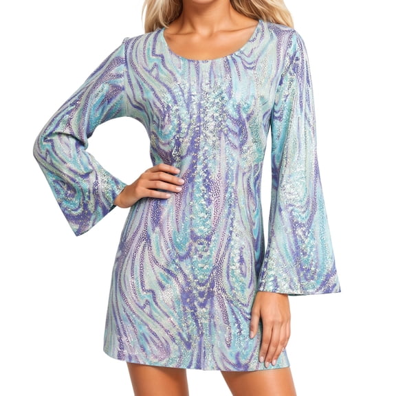 KHONTS Women's 60s 70s Hippie Disco Dress Retro Disco Outfit Sequin Floral Dresses Light Blue XXL
