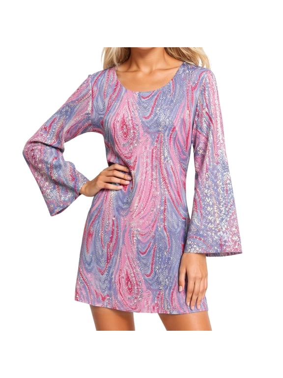 Women's 60s 70s Hippie Disco Dress Retro Disco Outfit Sequin Floral Dresses Pink M