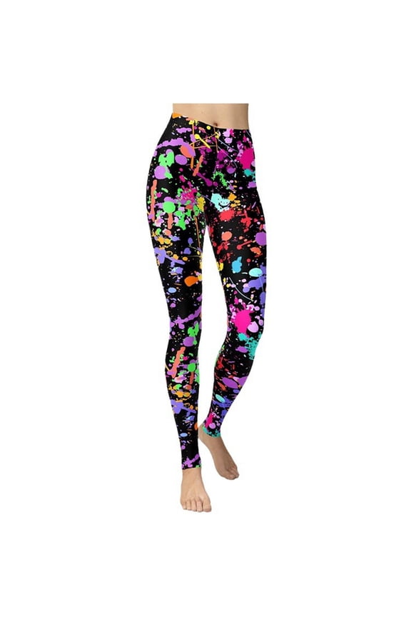 Women's 80s High Waisted Leggings Splash Yoga Printed Soft Stretchy Pants Basic Workout Trousers Black XL