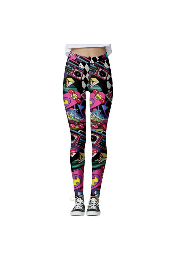 Women's 80s Leggings Neon Artistic Splash Printed Soft Stretchy Pants Running Workout Leggings Athletic Yoga Pants Purple M