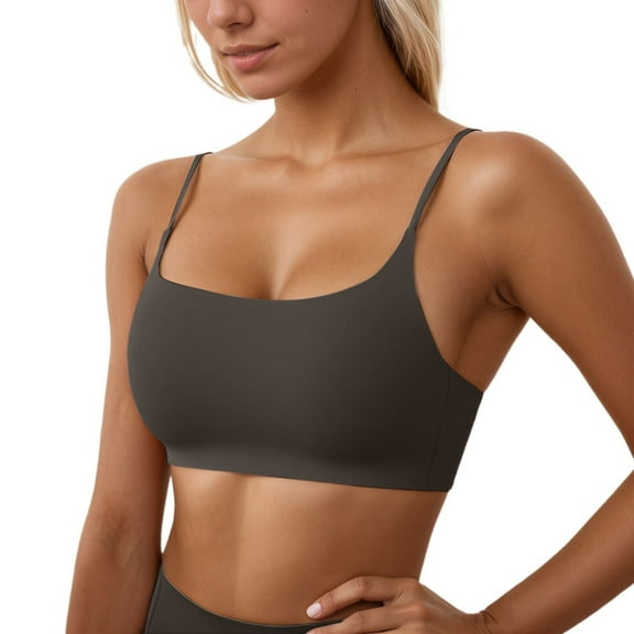 KHONTS,Women's Adjustable Spaghetti Strap Sports Bras Scoop Neck Wireless Athletic Camisole Padded Yoga Workout Crop Tops Grey M