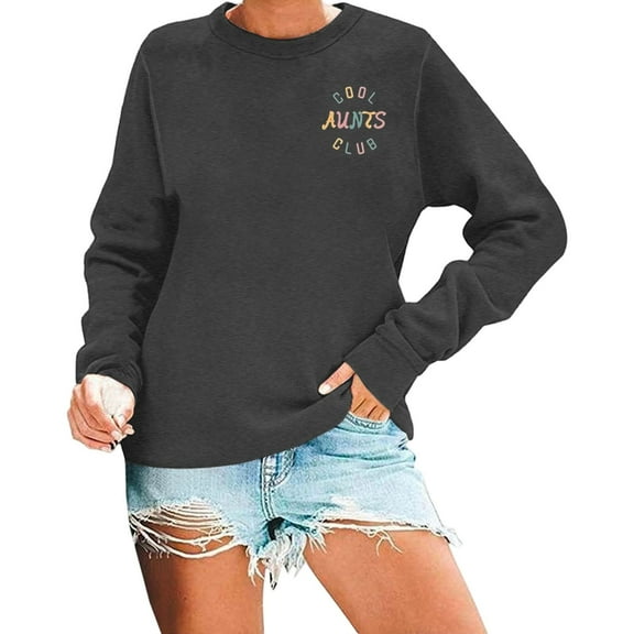 KHONTS Women's Aunt Sweatshirt Cool Aunt Club Shirt Funny Auntie Letter Print Pullover Tops Crewneck Sweatshirt for Auntie Grey L