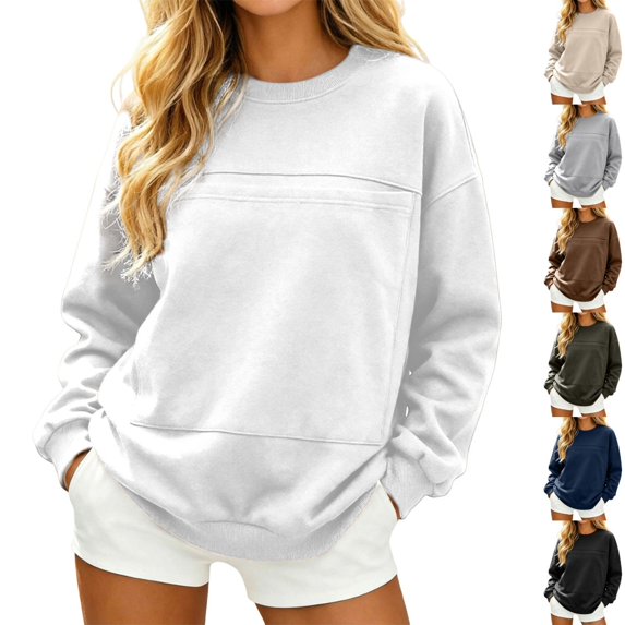 KHONTS Women's Bagg Sweatshirts with Big Pocket Long Sleeve Solid Pullover Shirt Crewneck Casual Loose Gym Workout Athletic Fall Clothes White XL