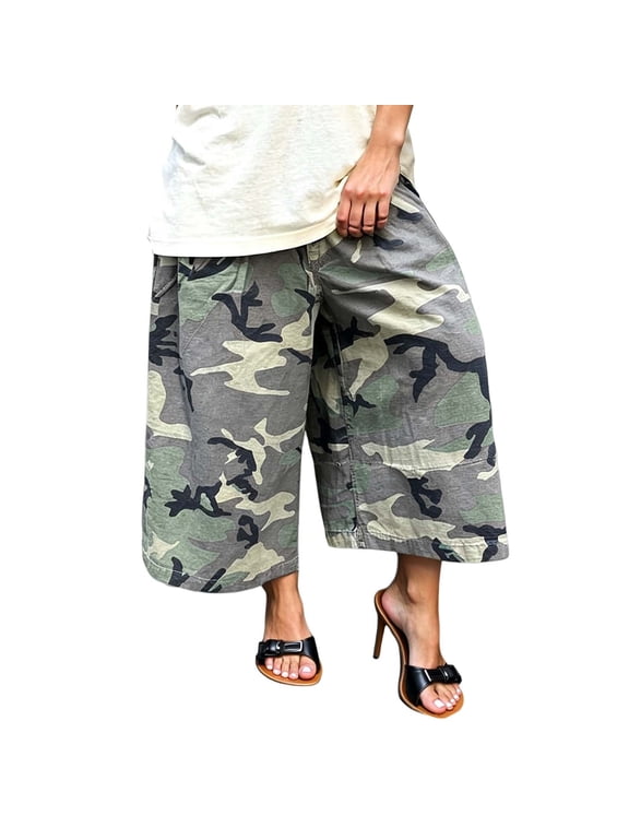 Women's Baggy Cargo Camo Wide Leg Harem Cropped Pants Plus Size Trousers with Pockets Army Green XXL