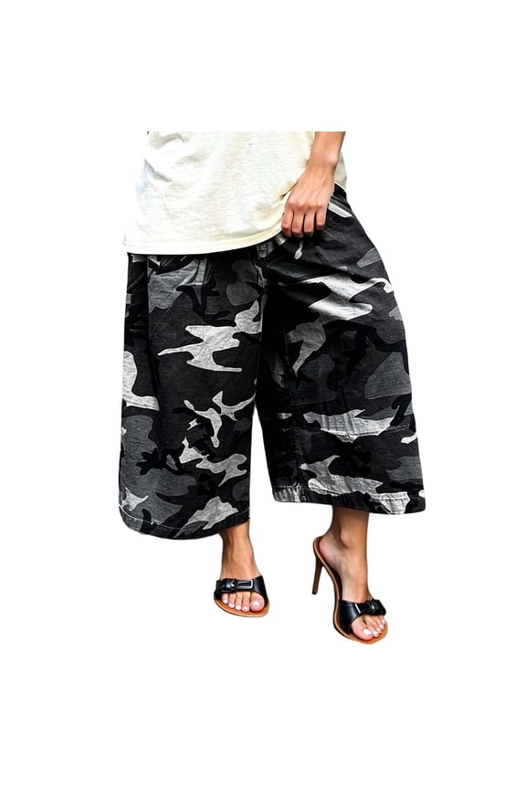 Women's Baggy Cargo Camo Wide Leg Harem Cropped Pants Plus Size Camouflage Trousers with Pockets White S