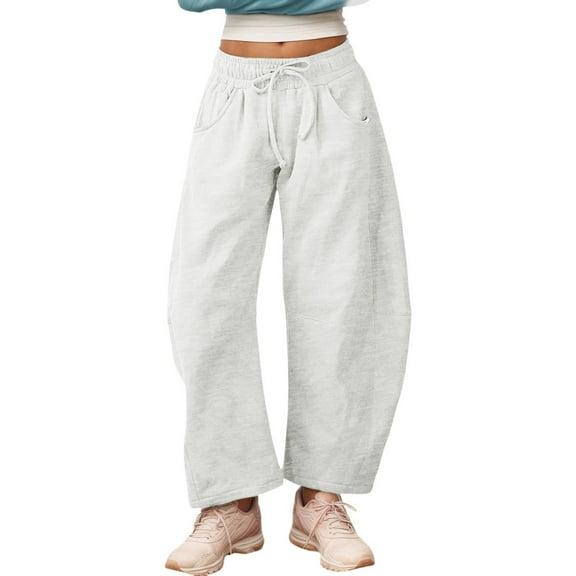 KHONTS Women's Barrel Leg Sweatpant Drawstring Elastic Waisted Wide Leg Pants Casual Cotton Palazzo Trousers with Pockets White XL