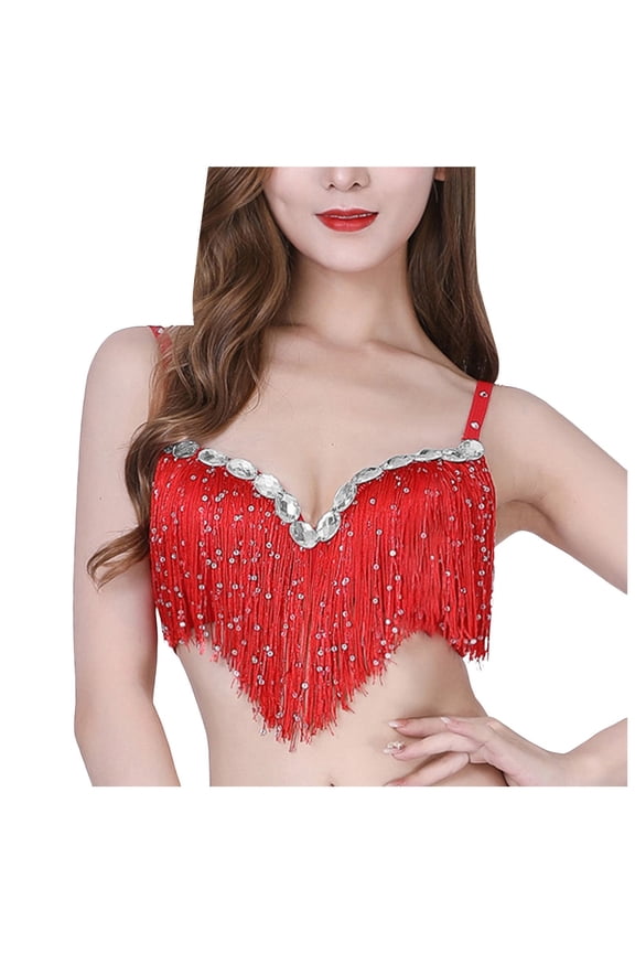 ,Women's Belly Dance Tops with Sequin Rhinestone Tassels Push up Bras V-Neck Performance Tops Red One Size