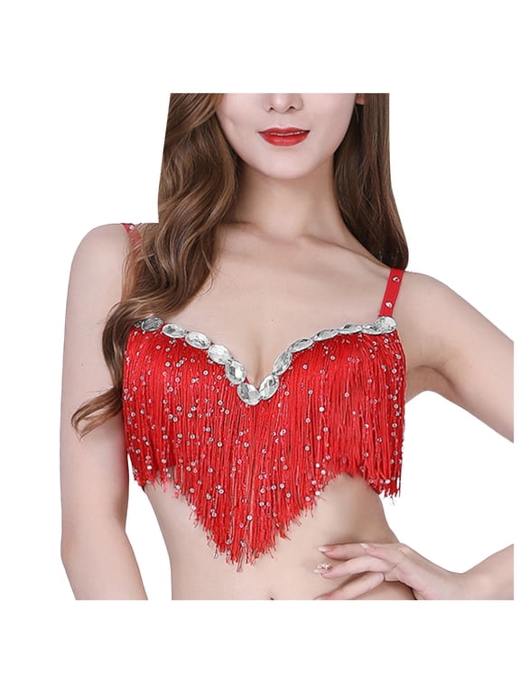 ,Women's Belly Dance Tops with Sequin Rhinestone Tassels Push up Bras V-Neck Performance Tops Red One Size