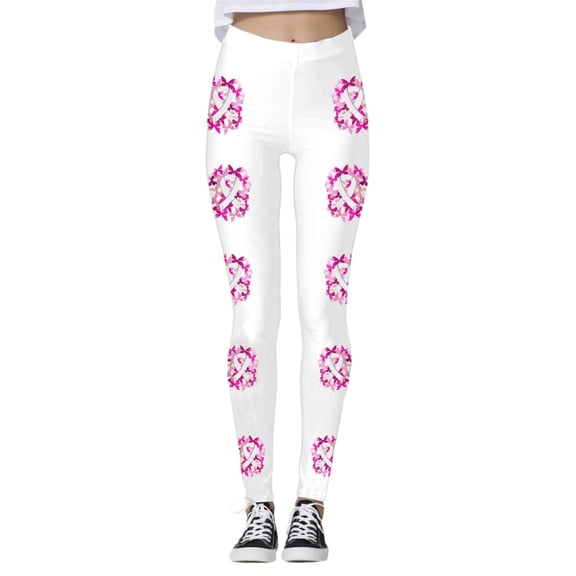 KHONTS Women's Cancer Awareness Leggings Ribbon Leggings High Waisted Yoga Pants Stretchy Athletic Tights D-White M