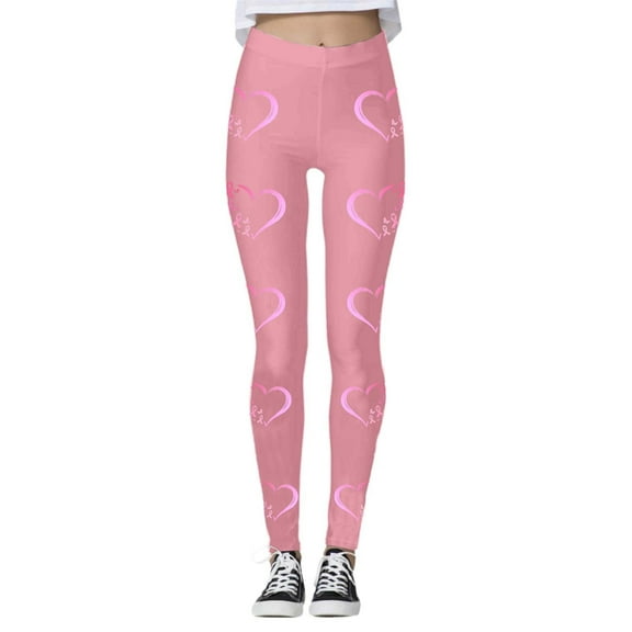 KHONTS Women's Breast Cancer Awareness Leggings Ribbon Leggings High Waisted Yoga Pants Stretchy Athletic Tights E-Pink M