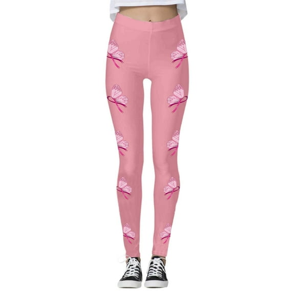 KHONTS Women's Breast Cancer Awareness Leggings Ribbon Leggings High Waisted Yoga Pants Stretchy Athletic Tights F-Pink S