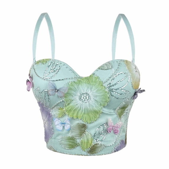 KHONTS Women's Bustier Tops Floral Corset Top Elegant 3D Flower Beaded Underwire Push up Adjustable Spaghetti Straps Boned Crop Top for Party Wedding Prom 03-Mint Green S